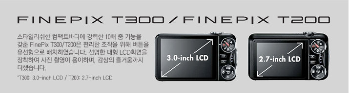FinePix T300 / FinePix T200
Ÿϸ Ʈٵ  10    FinePix T300/T200    ư  ġϿϴ.   LCDȭ Ͽ  Կ ϸ,  ſ ߽ϴ.
*T300: 3.0-inch LCD / T200: 2.7-inch LCD